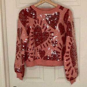 Farm Rio Pink Hearts Sequin Sweater NWT
